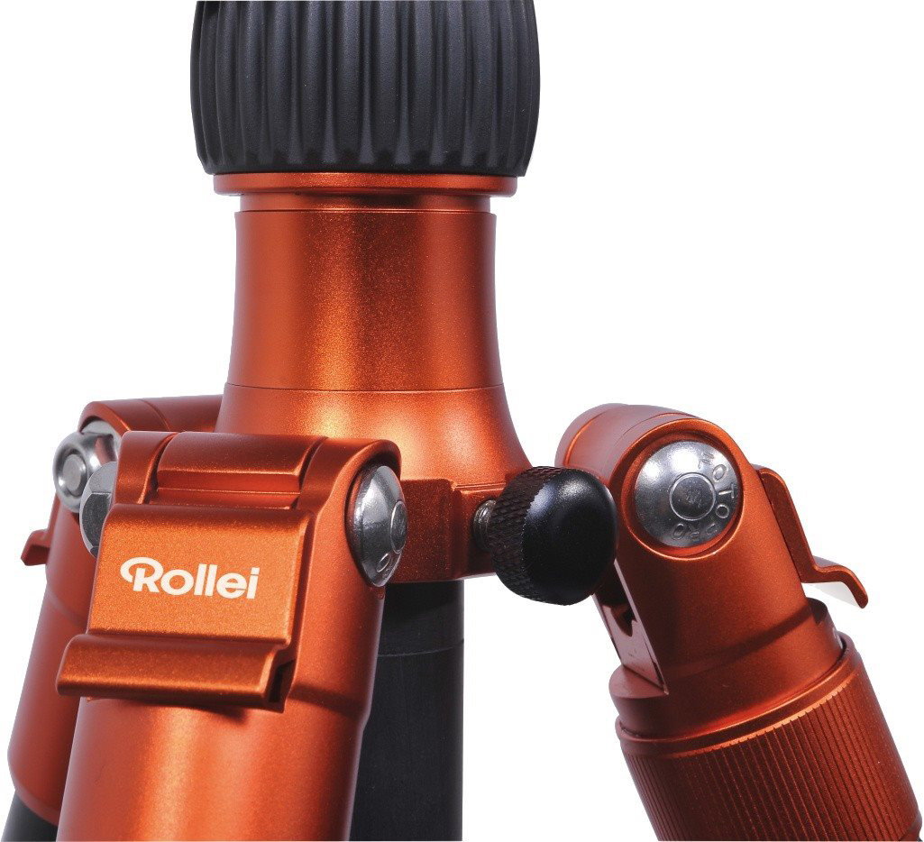 Narancssárga állványlábak. A lábak narancssárgák, fekete és ezüst részletekkel. Rollei logó látható.