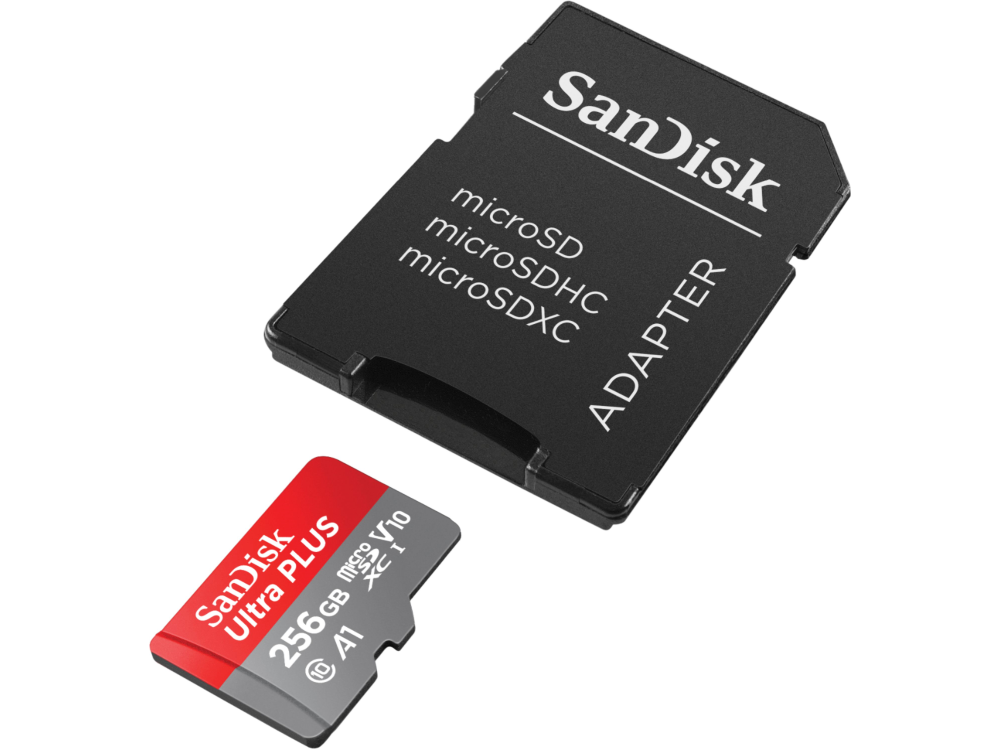 Tarjeta Micro SD Sandisk de 256 GB con adaptador, fondo blanco, vista superior.