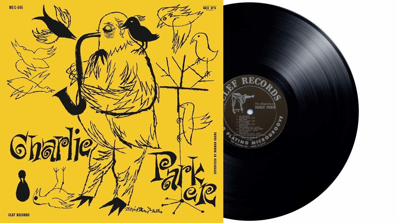 Vinil lemez borítója Charlie Parker illusztrációval, sárga háttéren.