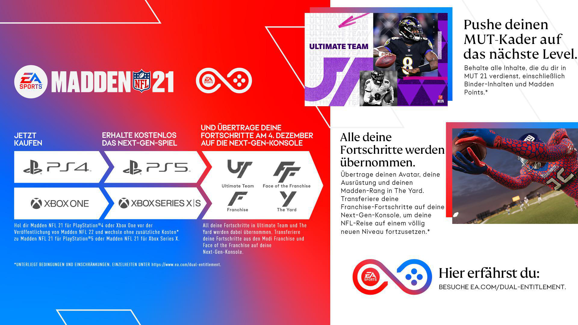Madden NFL 21-Anzeige. Zeigt Spielbilder, Logos und Text, der das Spiel auf verschiedenen Plattformen bewirbt.