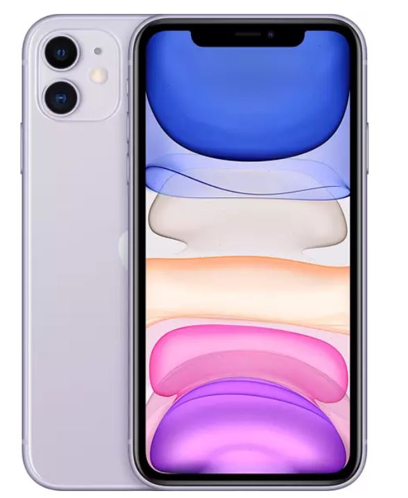 Mor renkli bir iPhone 11, ön ve arka tarafı gösteriyor. Çift kamera.