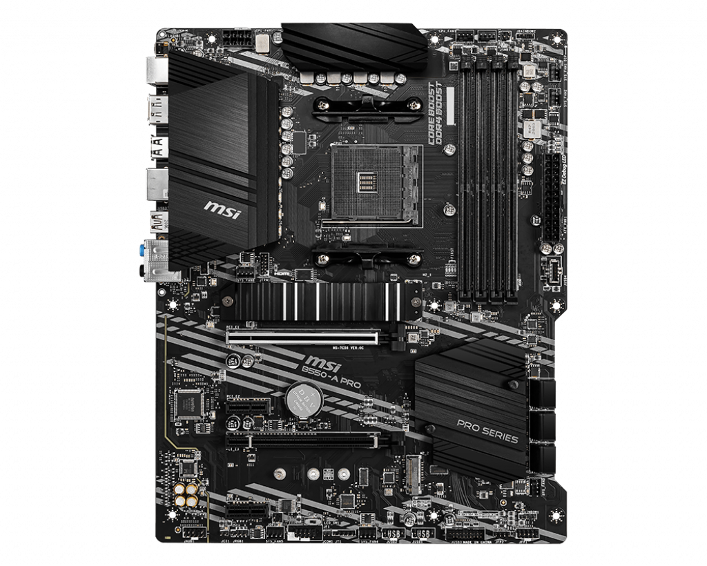 CPU soketi, RAM yuvaları ve konektörlere sahip siyah bir MSI anakartı.