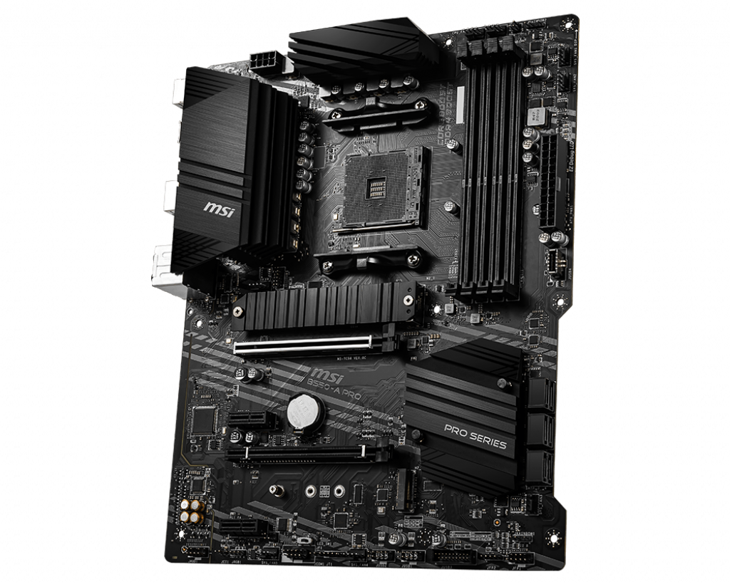 CPU soketi, RAM yuvaları ve soğutuculara sahip siyah bir MSI anakart.