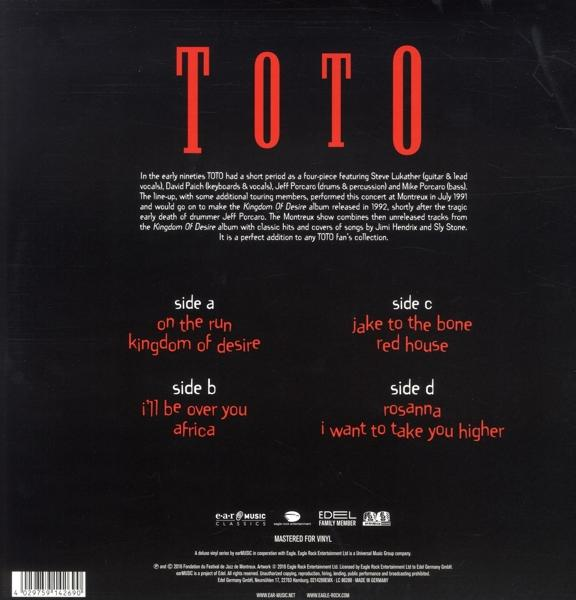 Fekete bakelit, piros szöveg: TOTO, albumcímekkel. A, B, C, D oldalak felsorolva.