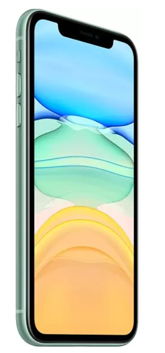 Beyaz bir arka plan üzerinde yeşil bir iPhone 11, renkli bir duvar kağıdı ile ekranı gösteriyor.