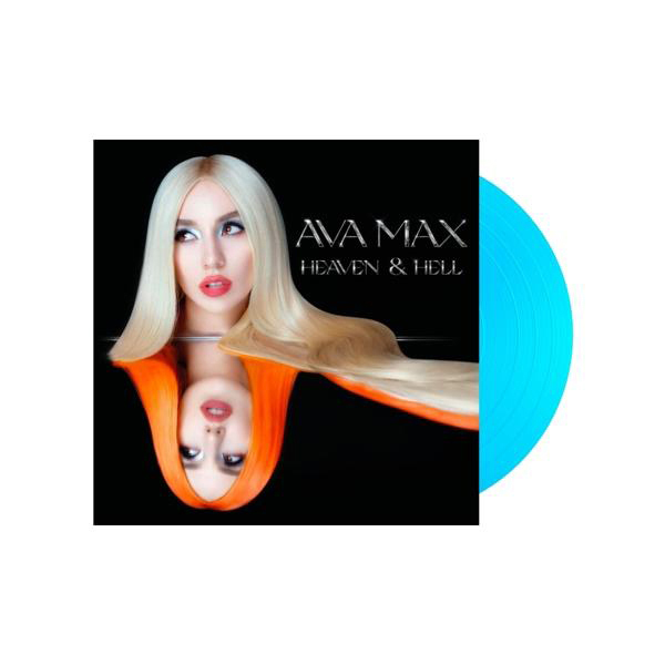 Albumcover mit Ava Max, schwarzem Hintergrund und einer türkisfarbenen Schallplatte.