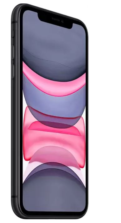Siyah bir iPhone yandan görünümü. Ekran pembe ve mavi renklerle renkli bir soyut tasarım gösteriyor.