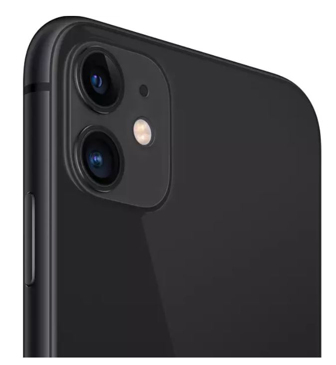 İki kamerası ve flaşı olan siyah bir iPhone'un yakın çekimi.