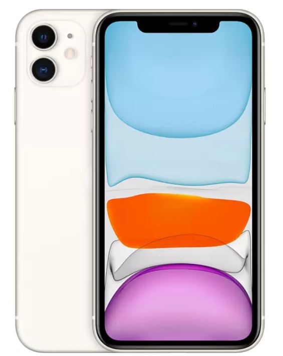 Beyaz iPhone 11, ön ve arka görünüm. Ekran soyut sanat eserleri gösteriyor.