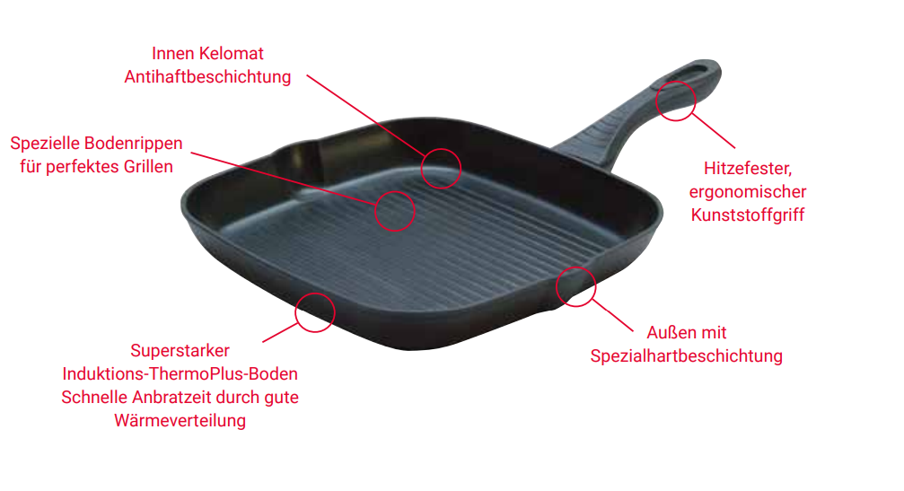 Eine schwarze Grillpfanne mit Griff, mit Etiketten versehen. Sie hat eine Antihaftbeschichtung, spezielle Rippen und einen ThermoPlus-Induktionsboden.