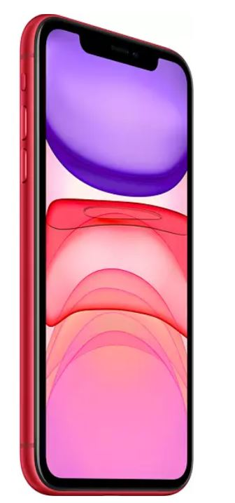 Kırmızı bir iPhone 11, renkli bir ekranla açılı olarak gösteriliyor.