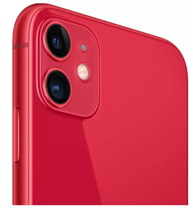 Kırmızı bir iPhone 11 Pro'nun üç lensli kamera modülünün yakın çekimi.