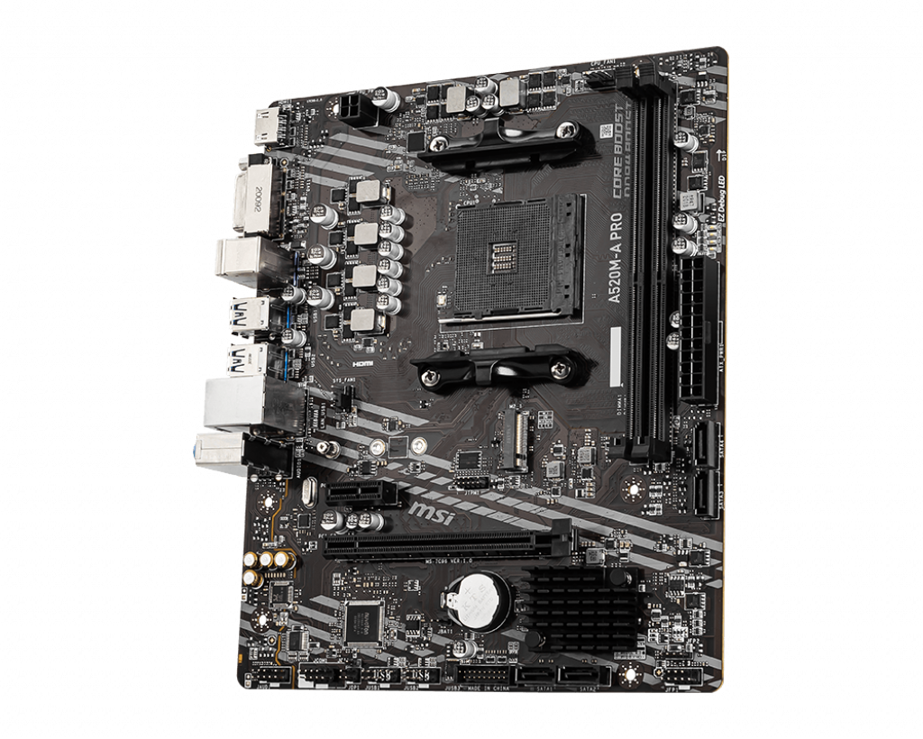 MSI A520M-A PRO anakart. Siyah, görünür bileşenlerle.