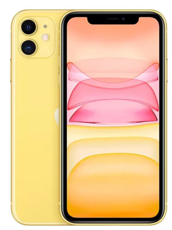 Çift kameralı ve ön ekranlı sarı iPhone, telefonun ön ve arka tarafını gösteriyor.
