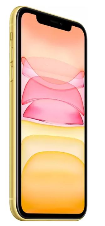 Sarı iPhone 11. Ekran soyut pembe ve turuncu bir görüntü gösteriyor.