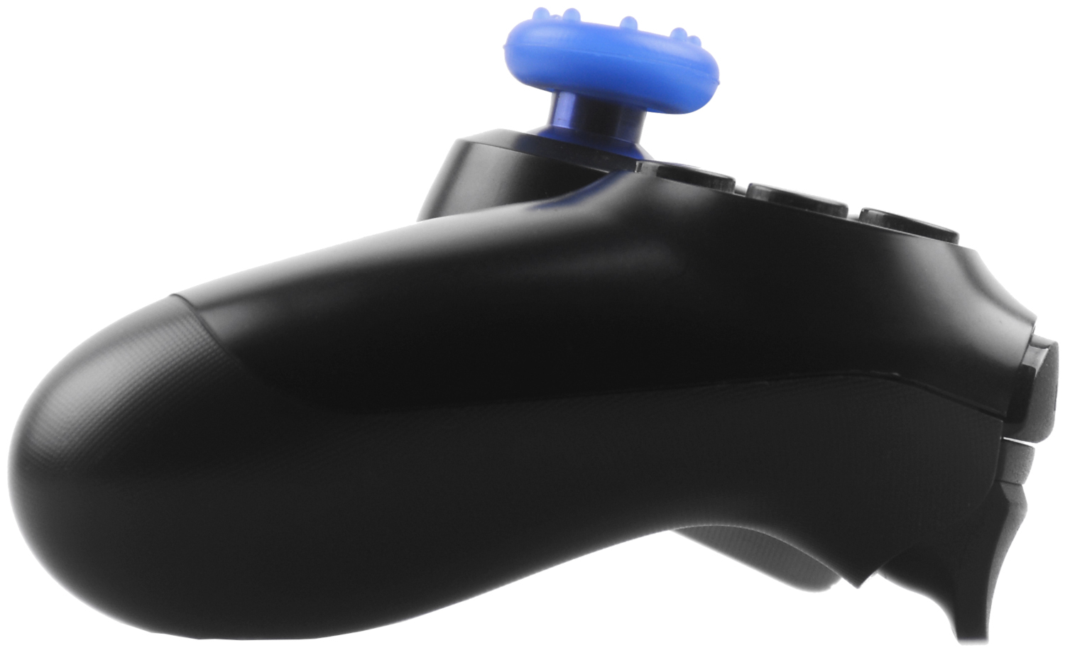 Manette de jeu noire avec joystick bleu. Vue latérale, isolée sur fond blanc.