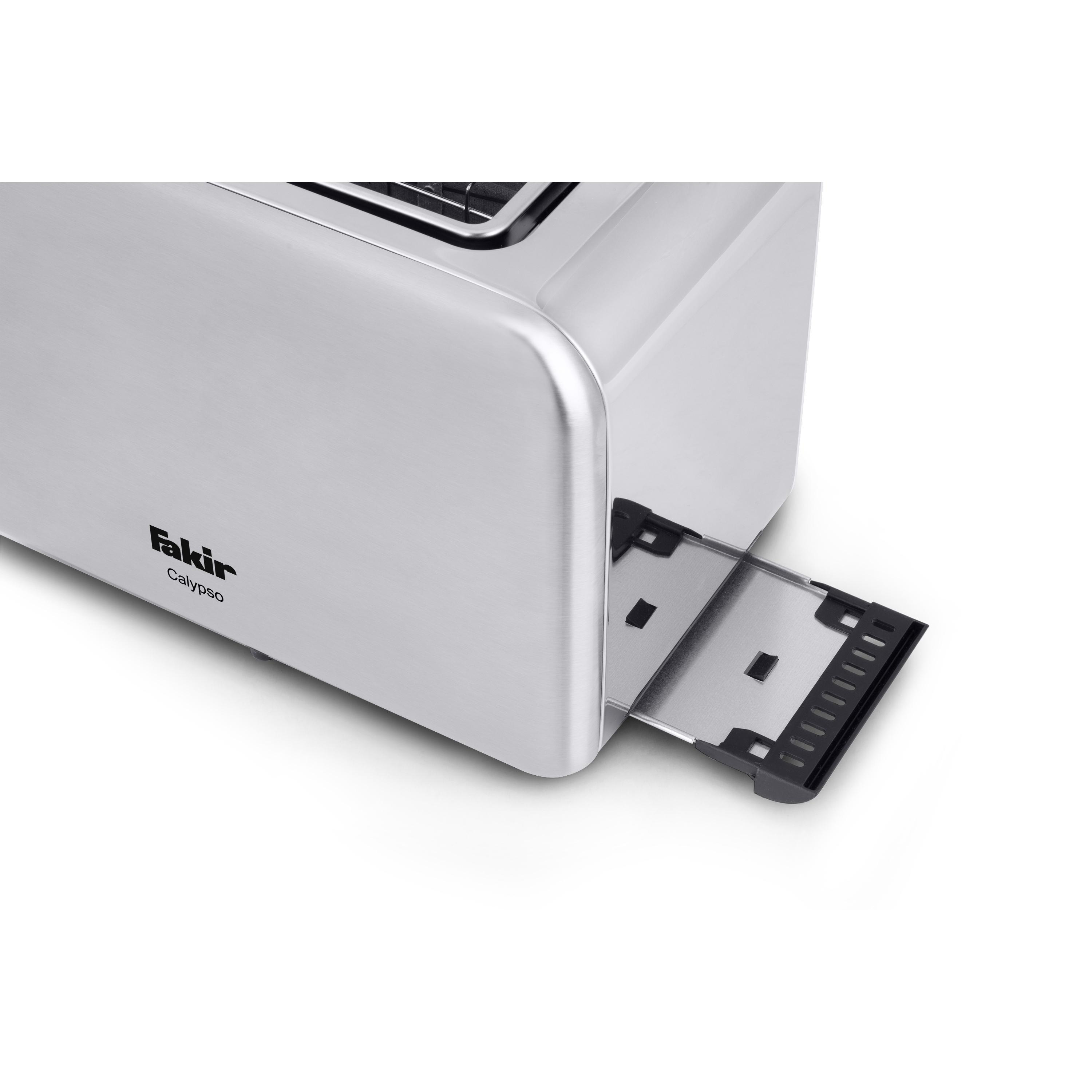Ein silberner Toaster mit offenem Brotschlitz, der das Innere freilegt. Weißer Hintergrund.