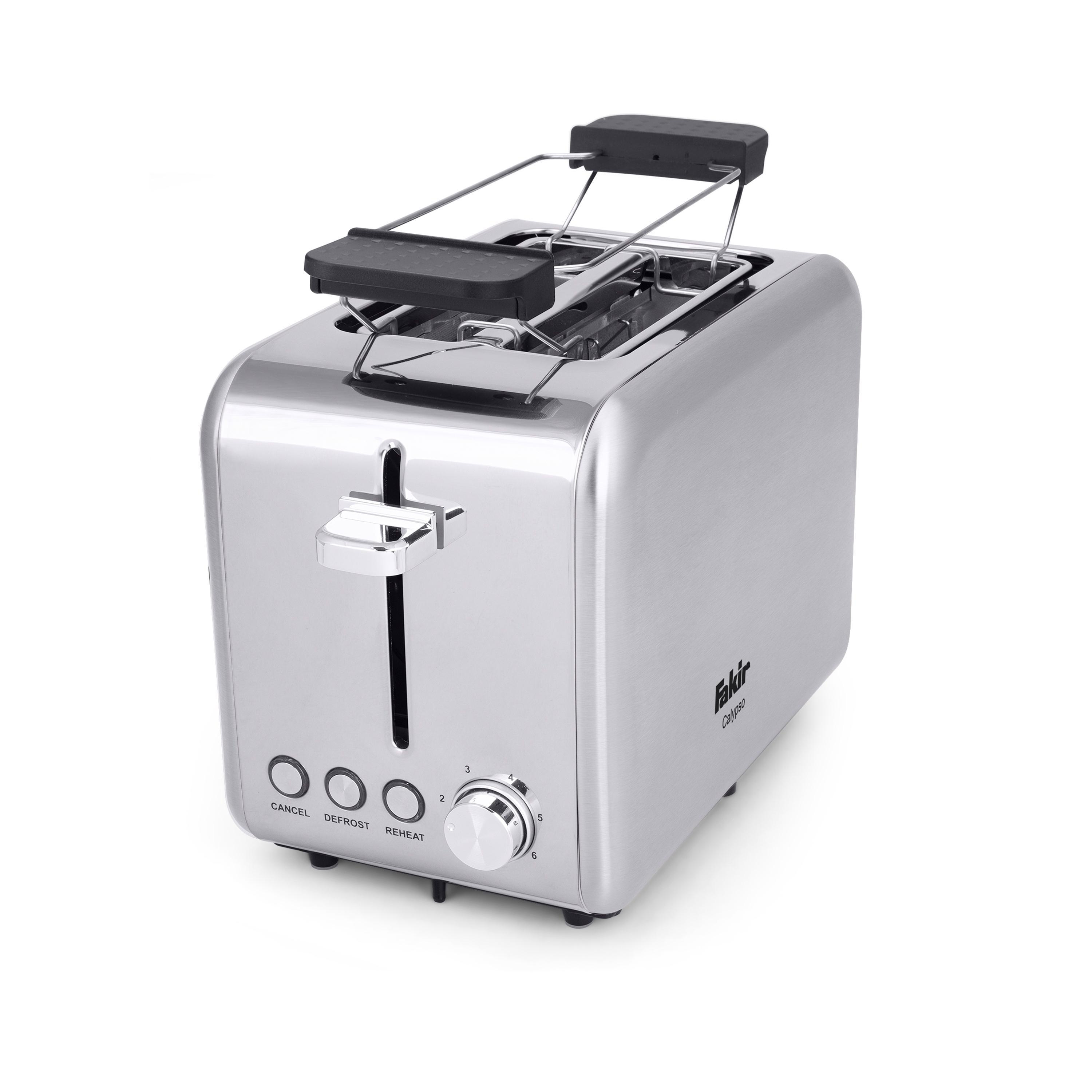 Silberner Toaster mit drei Knöpfen und einem Drehregler. Zwei Brotschlitze.