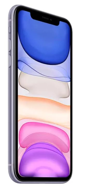 Ekranında soyut duvar kağıdı olan, yandan görünüşlü bir lavanta iPhone 11.