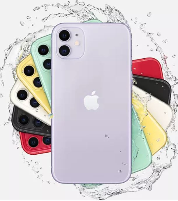 Su sıçraması etrafına yerleştirilmiş çeşitli renkli iPhone 11'ler. Mor, sarı, yeşil, siyah ve kırmızı.