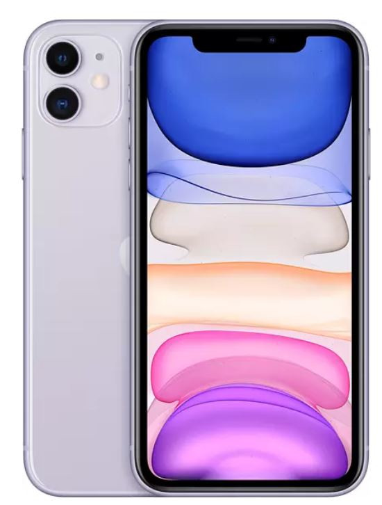 Mor bir iPhone 11 sırt üstü ve yan görünüm.