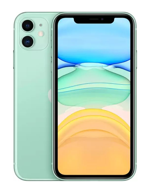 İki kamerası ve mavi-yeşil bir görüntü gösteren siyah ekranı olan nane yeşili bir iPhone 11.