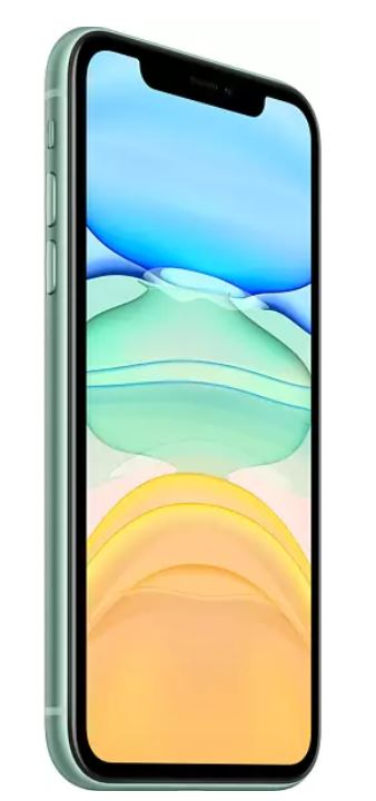 Ekranı göstermek için açılı olarak yerleştirilmiş, renkli bir duvar kağıdı görüntüleyen, nane yeşili bir iPhone 11 Pro.