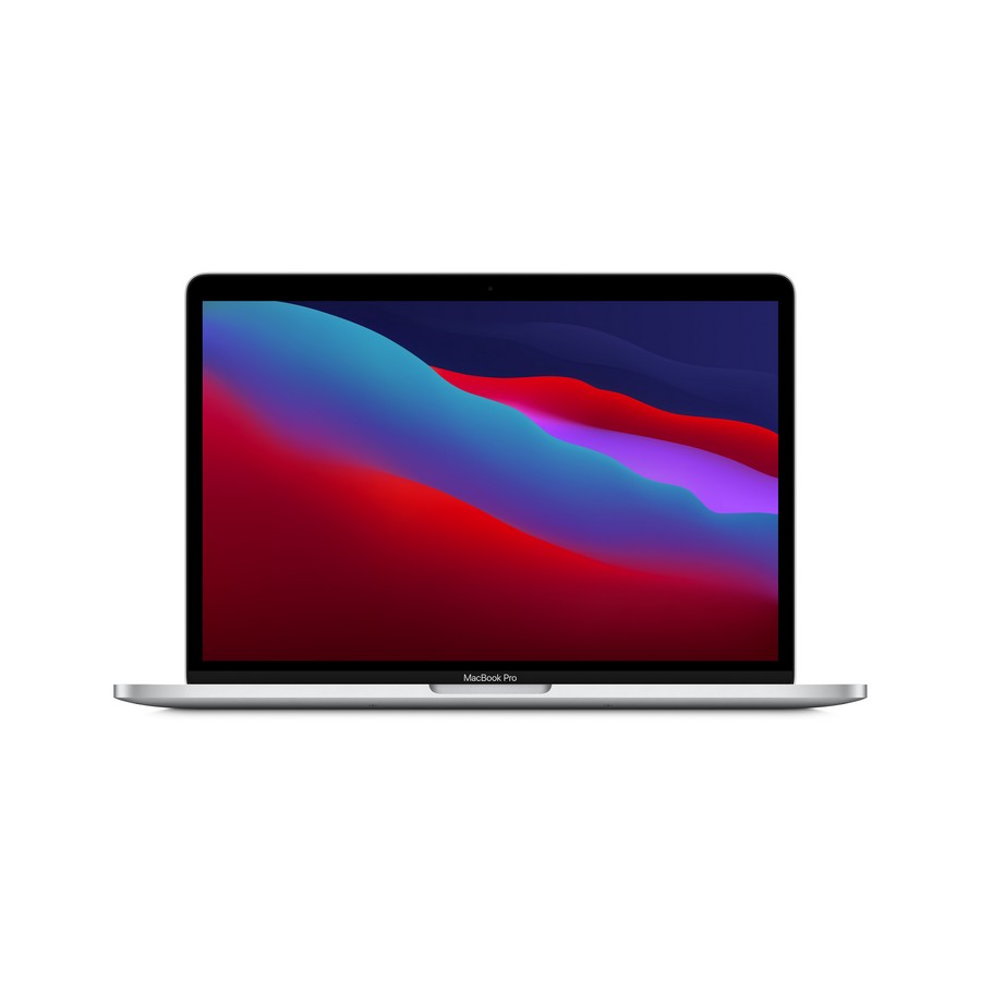 Portátil MacBook Pro plateado con pantalla colorida, vista frontal.