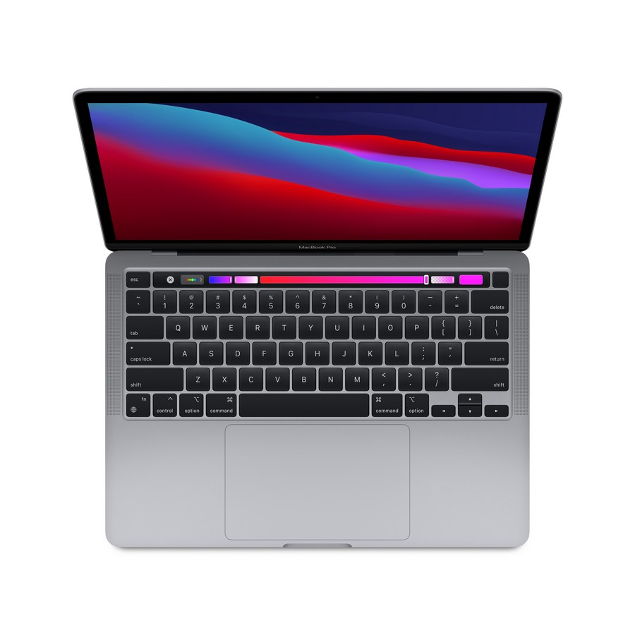 Un portátil MacBook Pro abierto, mostrando teclado y pantalla, visto desde arriba sobre una superficie blanca.