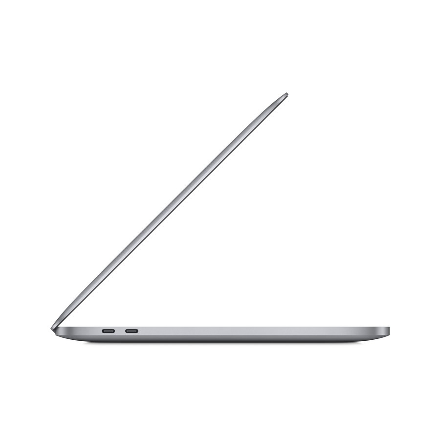 Vista lateral de un portátil MacBook Pro plateado, mostrando el perfil delgado.