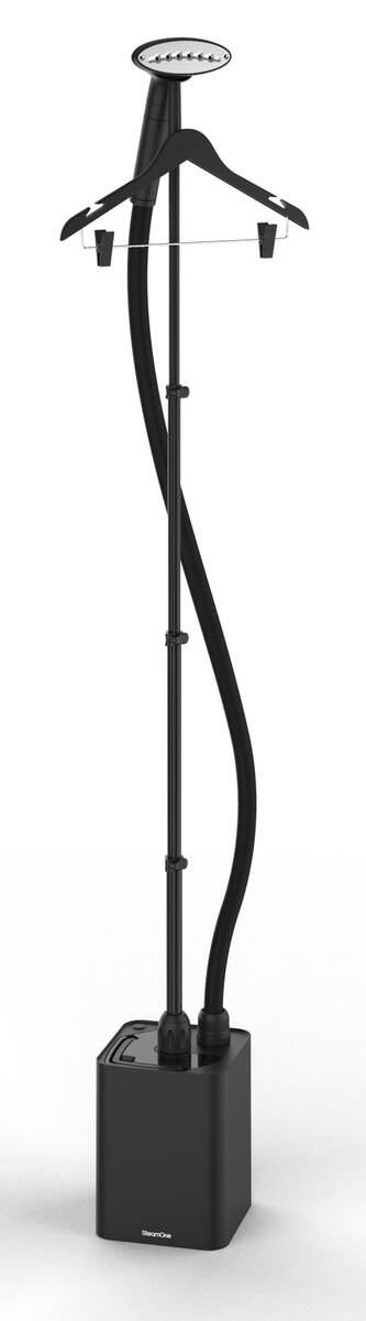 Vapeur de vêtement noir avec cintre et base, fond blanc.