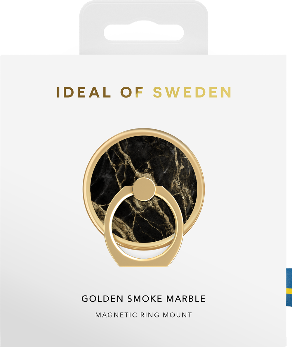 Een witte verpakking met een gouden ringhouder met marmerontwerp.