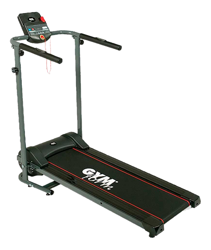 Tapis roulant con superficie di corsa nera, linee rosse e telaio grigio, per l'esercizio.