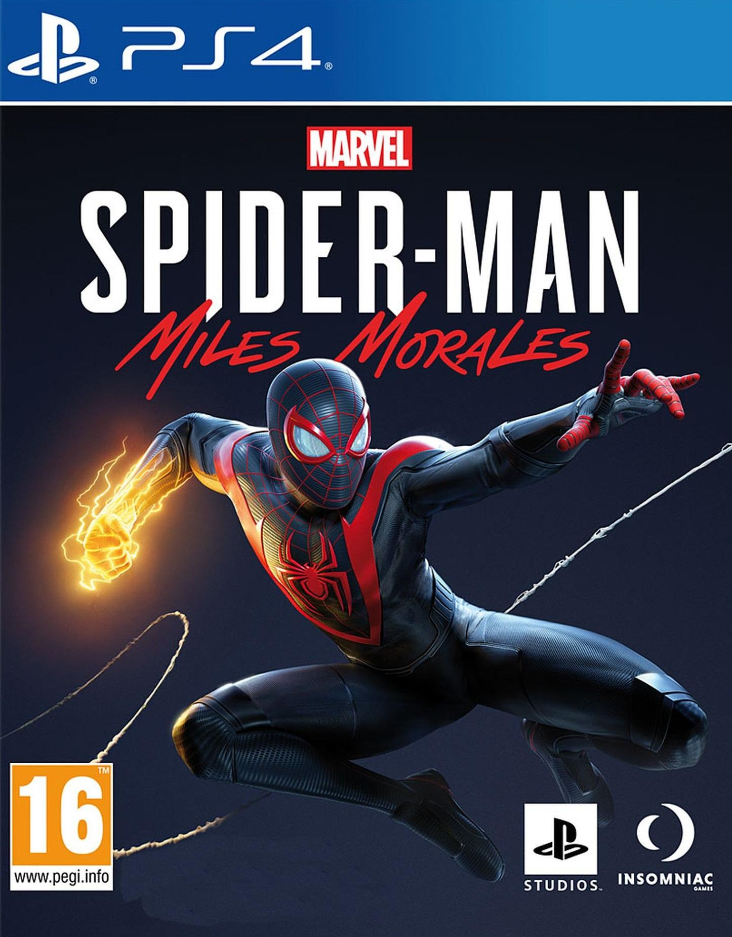 Spider-Man Miles Morales game cover. A figure in black suit with red spider emblem.