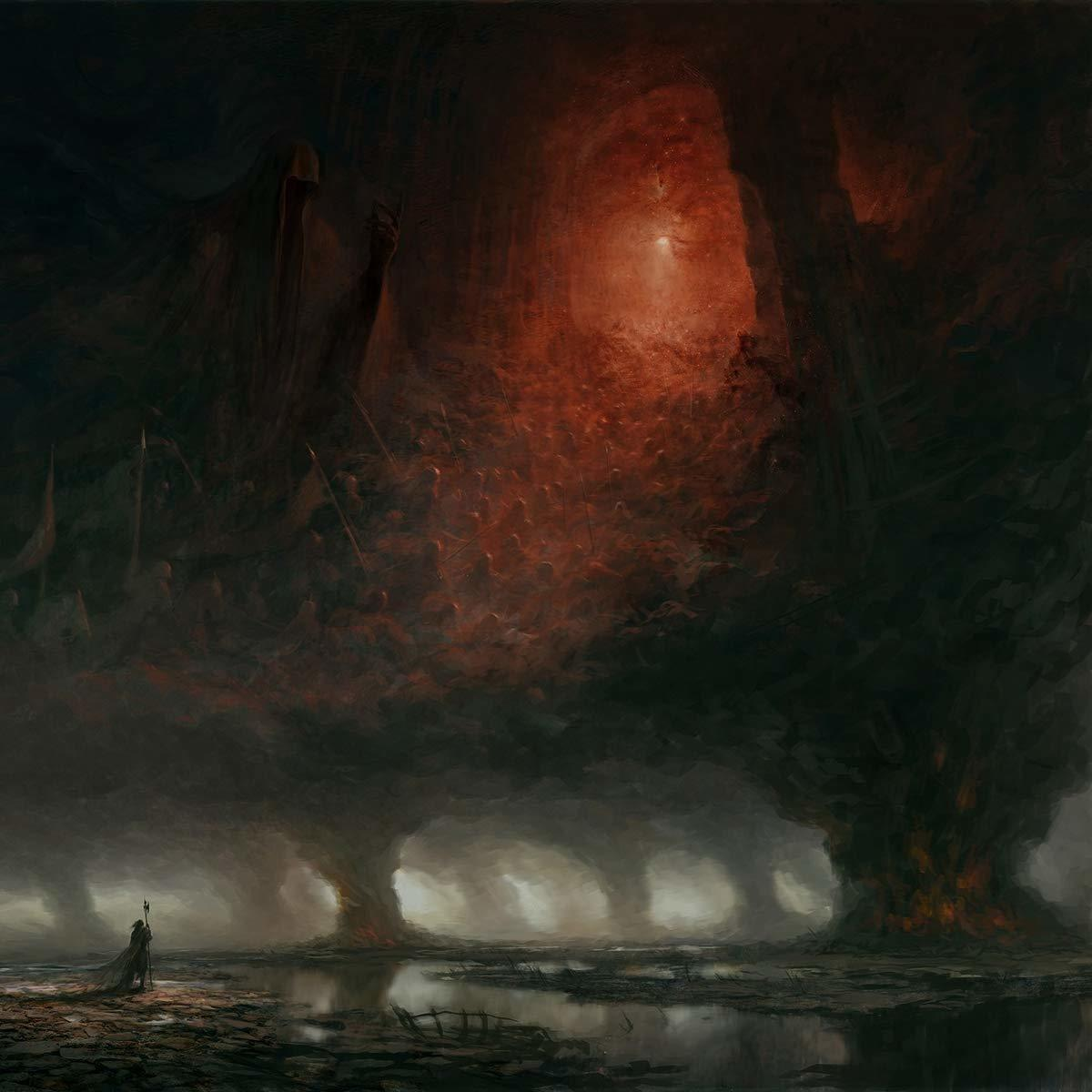 Dunkle Fantasy-Szene. Figuren in feuriger Umgebung. Dunkle, bedrohliche Atmosphäre.