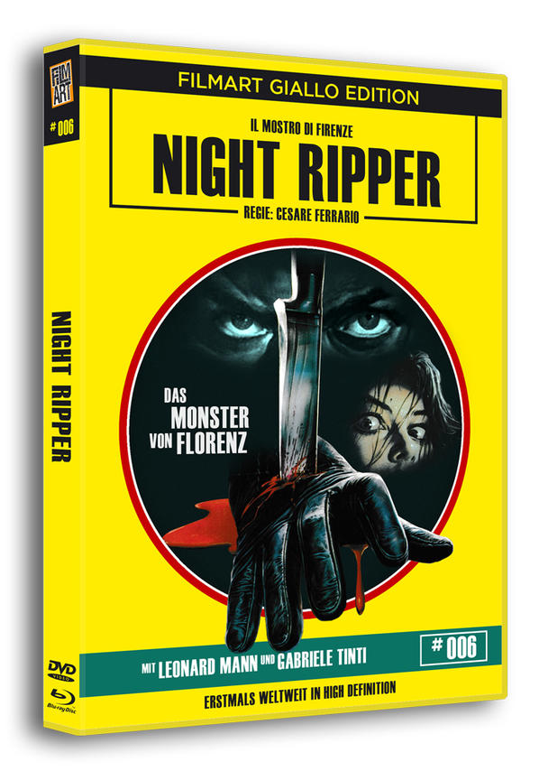 Night Ripper DVD-Cover. Gelber Hintergrund, schwarzer Handschuh hält Messer, gruseliges Gesicht.