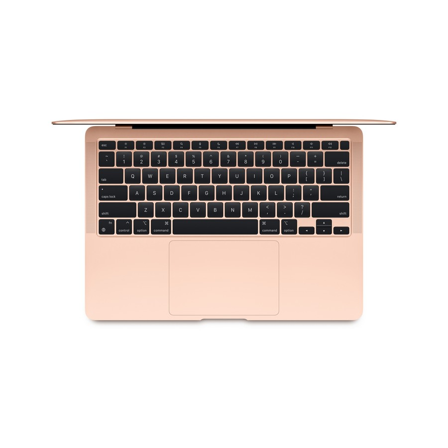 Una computadora portátil oro rosa, vista superior, con la pantalla abierta en blanco.