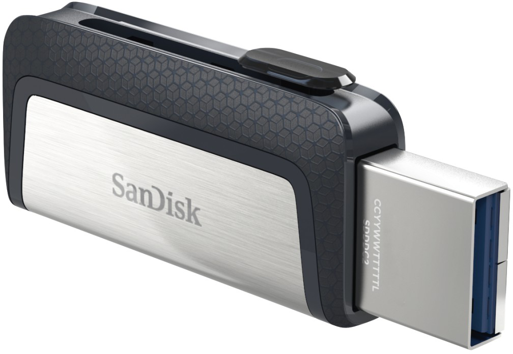 Fekete-ezüst SanDisk USB-meghajtó. Csúszkája van, fehér háttéren.