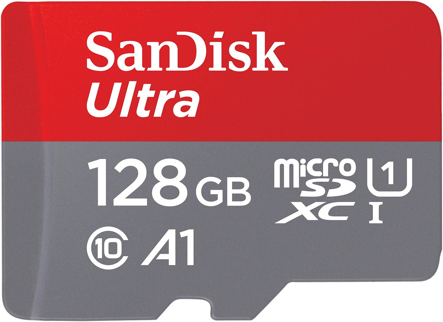 SanDisk Ultra 128 GB micro SD kártya piros-szürke csomagolással, fehér szöveggel.