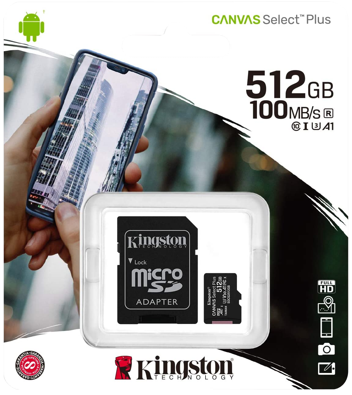 Egy 512 GB-os micro SD-kártya csomagolása és egy telefon.