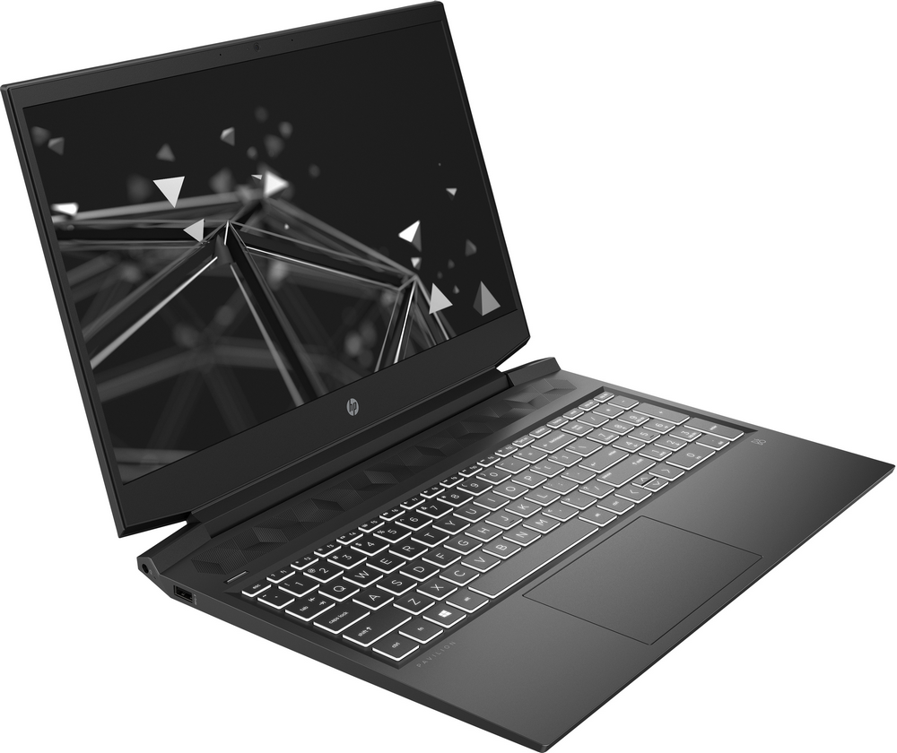 Ordenador portátil negro con una pantalla abierta que muestra un gráfico geométrico.