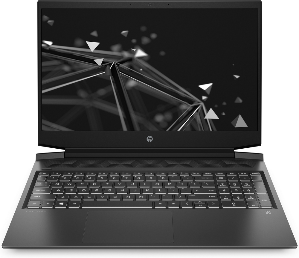 Laptop HP Pavilion negro. La pantalla muestra un diseño geométrico. El teclado es visible. El fondo es blanco.