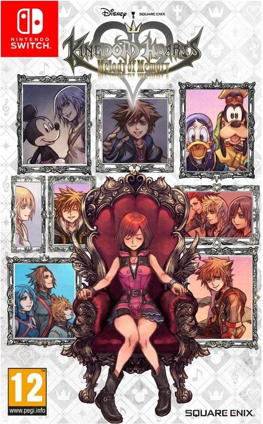 Portada del juego: Kingdom Hearts, Melody of Memory, con ilustraciones de personajes y el logotipo de Nintendo Switch.