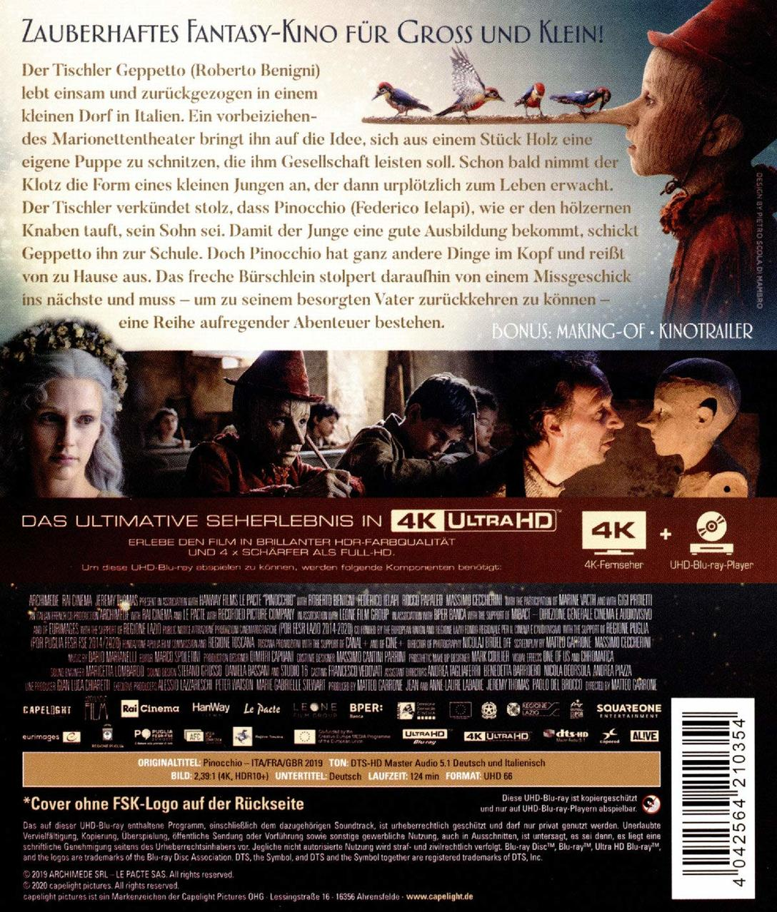 Filmcover, Pinocchios Gesicht, Text auf Deutsch, Bilder und Charaktere.