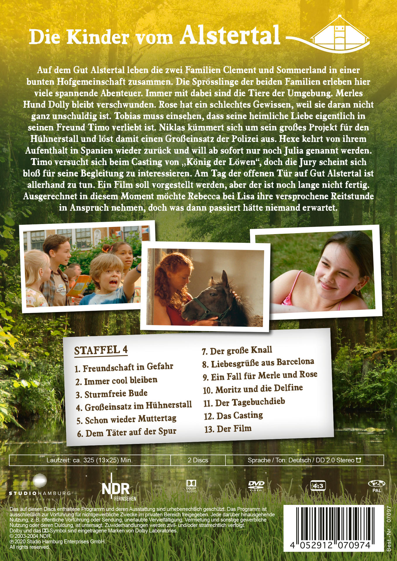 DVD-Cover mit Bildern von Kindern und einem Pferd, Text auf Deutsch. Die Rückseite einer DVD-Hülle.