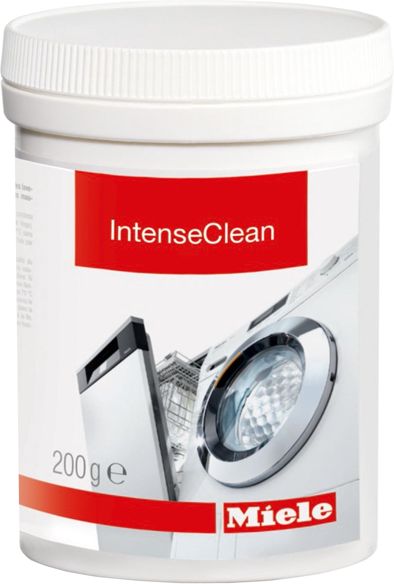 Witte container van IntenseClean. De afbeelding toont een wasmachine en een vaatwasser.