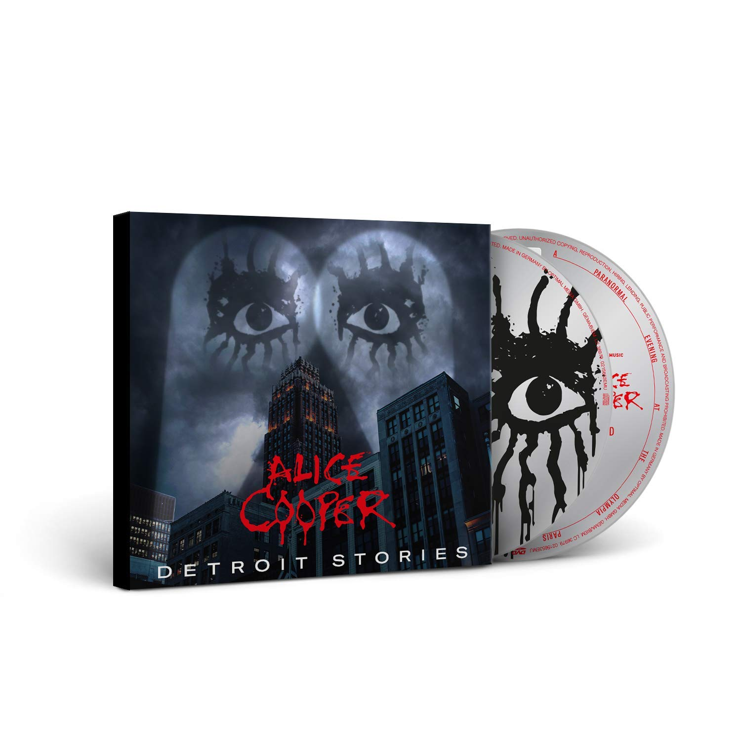 Alice Cooper 'Detroit Stories' album borítója és CD-je, városképpel és az album címével.