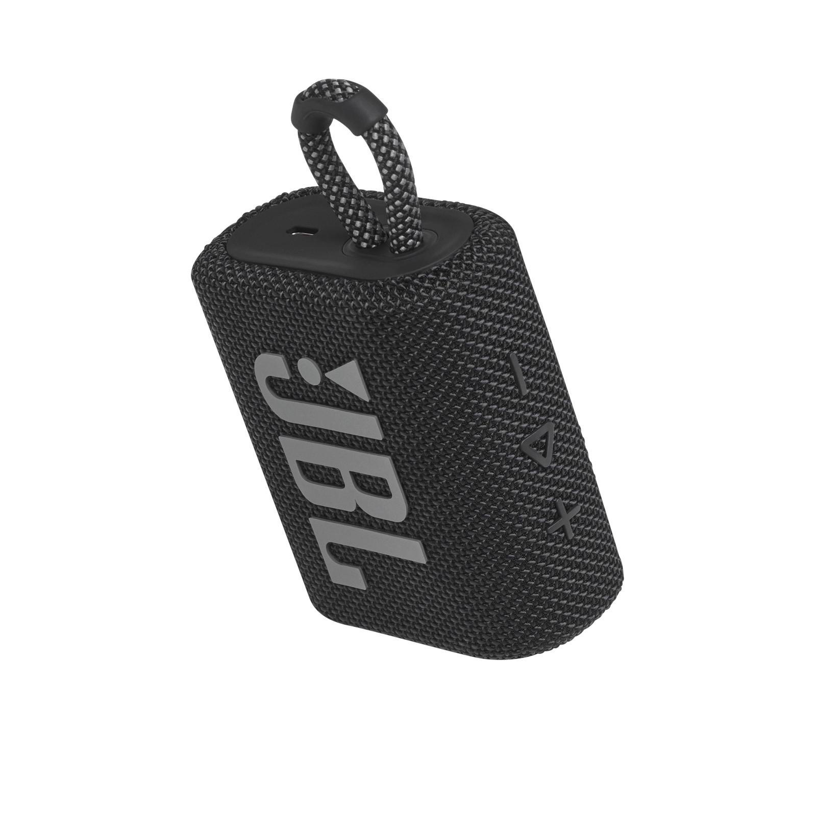 Schwarzer JBL Go 3 Lautsprecher, mit dem JBL-Logo auf der Vorderseite und einer Schlaufe.