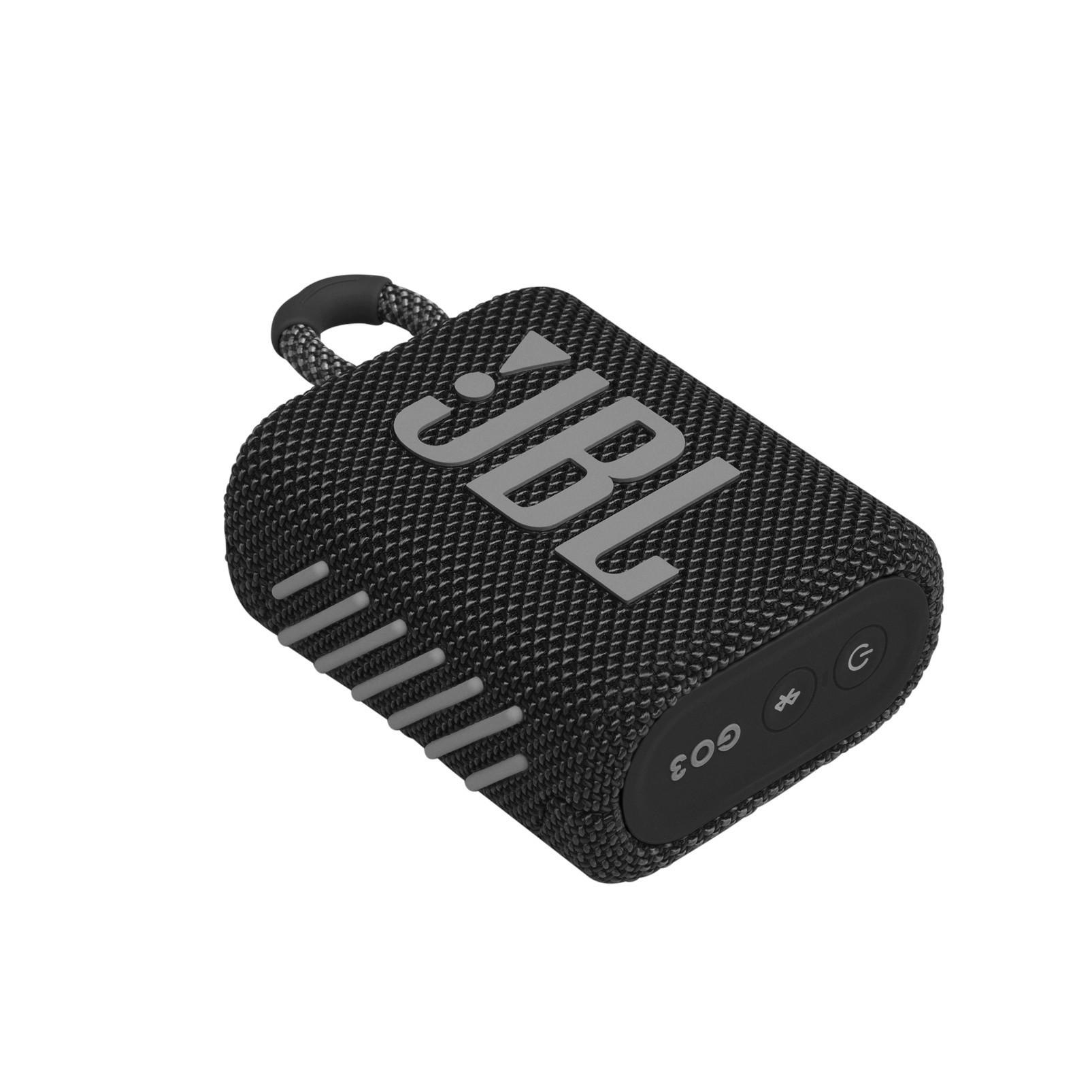 Ein schwarzer JBL Go 3 Lautsprecher. Er hat eine schwarze Netzabdeckung und weiße Streifendetails.