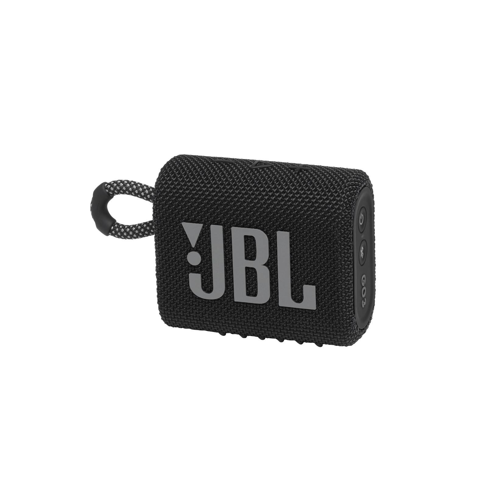 Schwarzer JBL Go 3 Lautsprecher mit Schlaufe und JBL-Logo darauf.